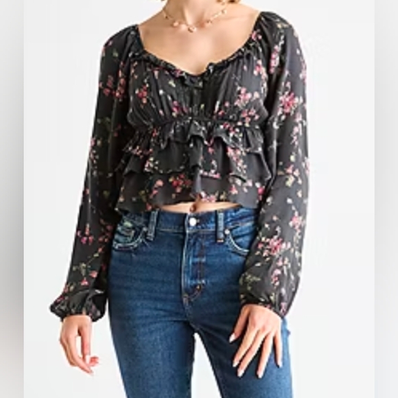Assorted Sizes:Arizona Womens Boho U Neck Ruffled Long Sleeve Juniors Blouse:NWT - Picture 1 of 6